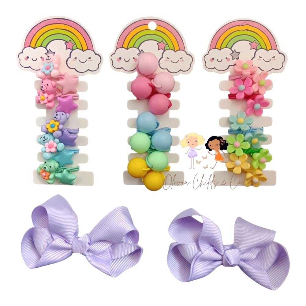 Pink and Blue Hair Accessories Set with Rainbow Clips and Satin Bows